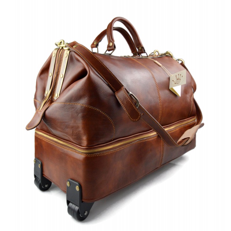 Leather trolley travel bag doctor bag brown weekender with wheels
