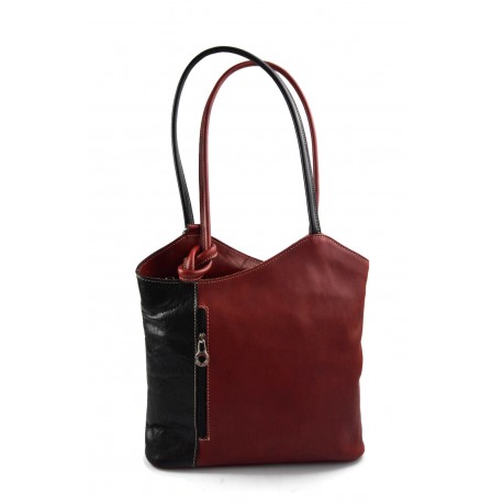 Borsa pelle donna borsa zaino nero - rosso con manici a spalla