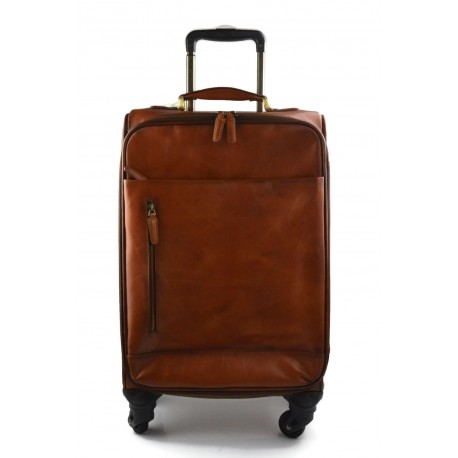Leather luggage trolley brown travel suitcase 4 wheels leather bag