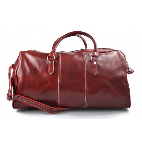 Mens leather duffle bag red shoulder bag travel bag luggage weekender carryon cabin bag