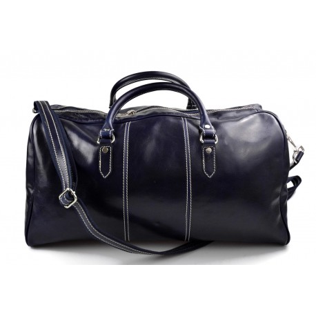 Mens leather duffle bag blue shoulder bag travel bag luggage weekender carryon cabin bag