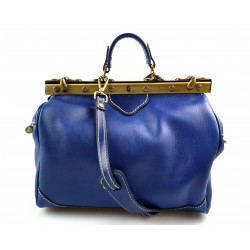Ladies leather handbag doctor bag handheld shoulder bag blue made in Italy genuine leather bag
