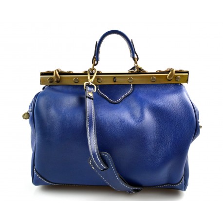 Ladies leather handbag doctor bag handheld shoulder bag blue made in Italy genuine leather bag