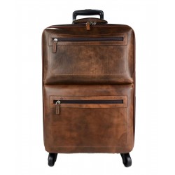 Leather suitcase travel bag with wheels dark brown leather cabin luggage airplane carryon brown leather bag