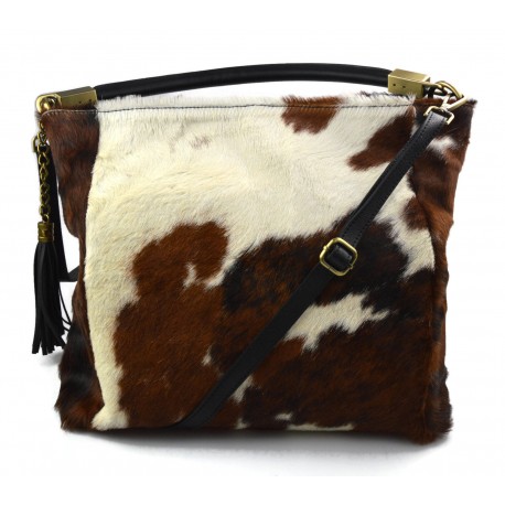 Bolso tote de piel de potro de piel de vaca bolso de pelo de piel pony piel natural animal print marrón blanco bolso de piel