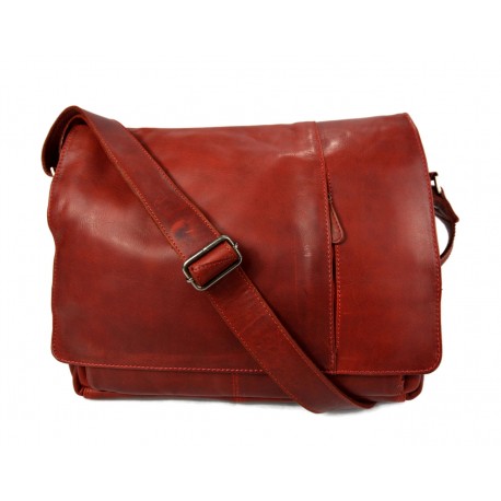 Genuine italian leather shoulder messenger bag ipad laptop bag red